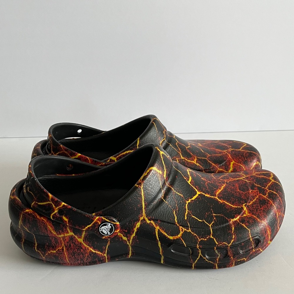 Crocs Bistro Clogs Mens 10 Black Red Molten Lava Graphic Work Shoes 204044